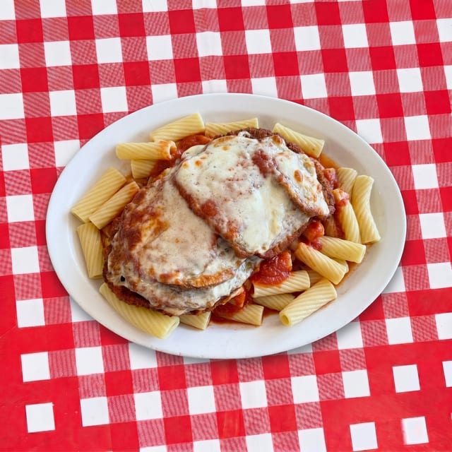 Eggplant Parmesan Dinner with Pasta.